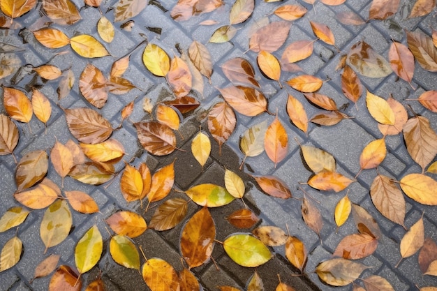 Deszczowe jesienne liście na chodniku