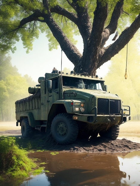 Deszczowe spotkanie przy drodze z pojazdem wojskowym pod majestatycznym drzewem