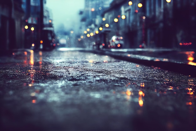 Deszczowe ulice miasta tło mokrego asfaltu z neonowym światłem