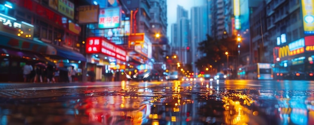 Deszczowe ulice miasta w nocy z neonowymi światłami