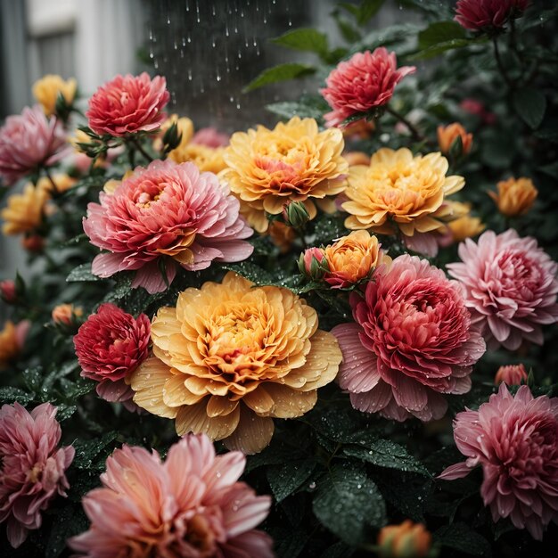 Deszczowe zbliżenie bukiet kwiatów