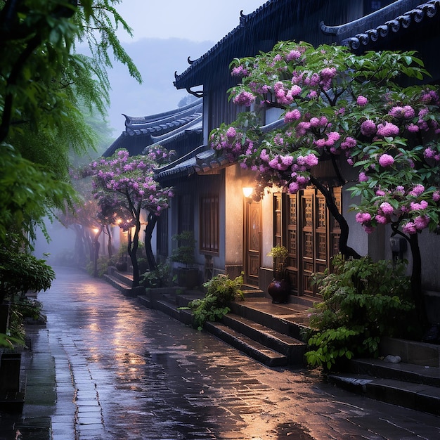 deszczowy dzień w chińskim ogrodzie z latarnią i drzewem na tle