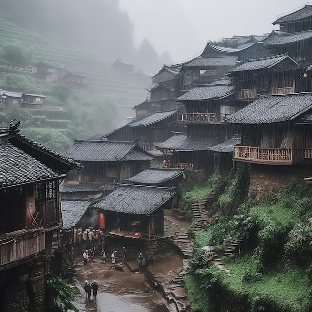 Zdjęcie deszczowy dzień w górach lijiang