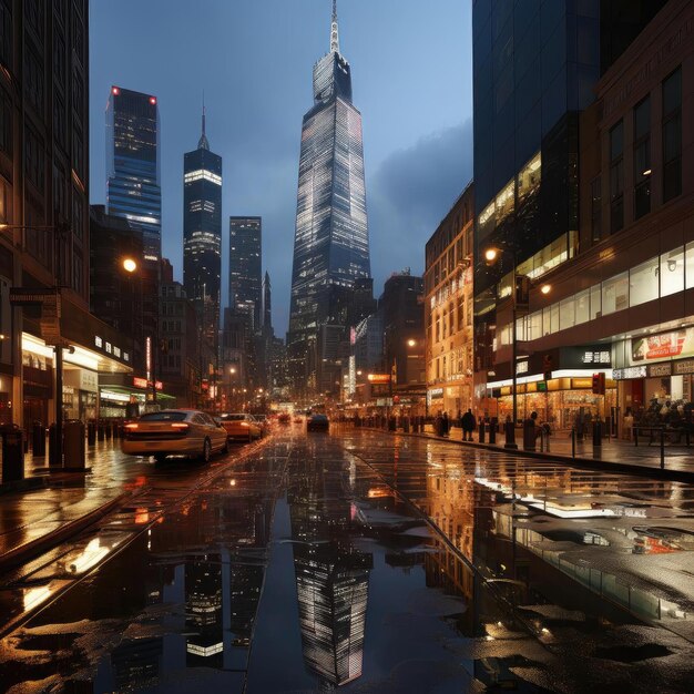 Deszczowy pejzaż z odblaskowymi szklanymi budynkami i realistycznymi renderingami