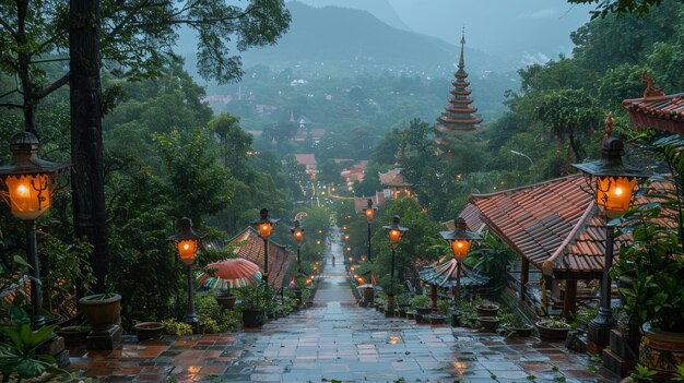 Deszczowy widok wieczorny w Wat Phra That Doi Suthep Słynna atrakcja turystyczna w Tajlandii