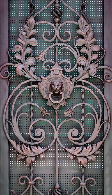 Detale, konstrukcja i ozdoby kutej bramy żelaznej. Kwiatowy ornament dekoracyjny, wykonany z metalu. Vintage metaliczny wzór. Elementy dekoracyjne jako tło.