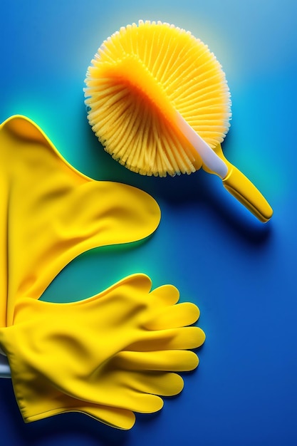 Detergenty, akcesoria do czyszczenia, żółta gumowa rękawiczka na niebieskim tle