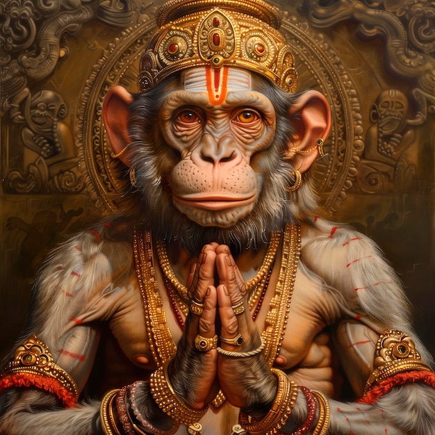 "Devotional Portrait of Hanuman in Prayer with Traditional Attire" (Portret Hanumana w modlitwie w tradycyjnym stroju)