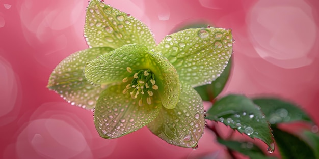 DewKissed Green Hellebore kwitnie na miękkim różowym tle