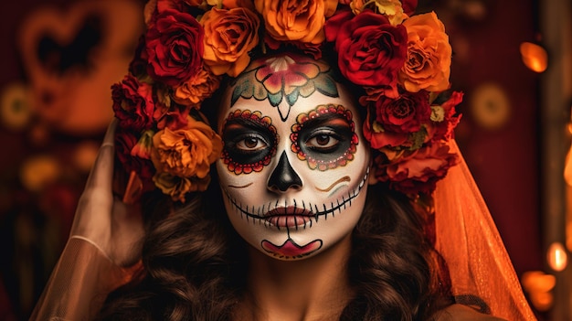 Dia de los Muertos lub dzień zmarłych meksykańskiej czaszki Sugar Girl Generative Ai