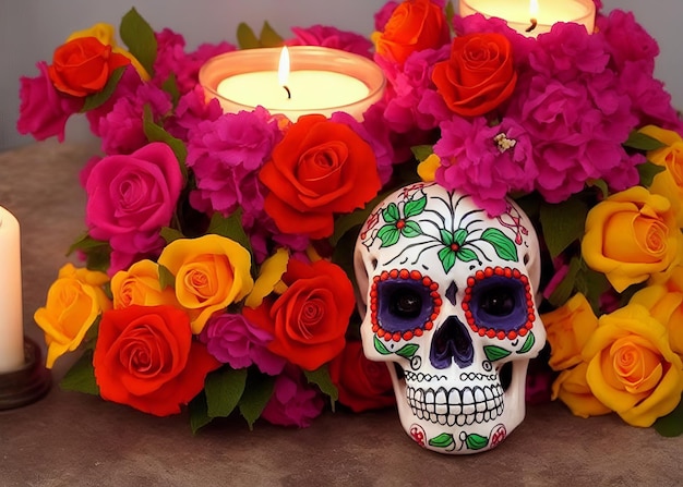 Dia de los muertos meksykańska kompozycja stołu zmarłych z czaszkowo-kwiatowymi świecami