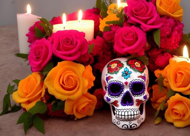 Dia De Los Muertos Meksykańska Kompozycja Stołu Zmarłych Z Czaszkowo-kwiatowymi świecami