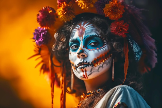 Dia de los muertos portret Calavera Catrina Młoda kobieta z makijażem czaszki cukru Generacyjna ilustracja AI