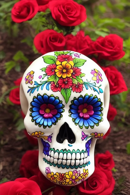 Dia de los muertos tradycyjna cukrowa czaszka calavera ozdobiona kwiatami dzień zmarłych ilustracja