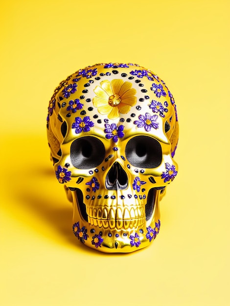 Dia de los muertos złota czaszka ozdobiona kwiatami dzień zmarłych ilustracja 3d