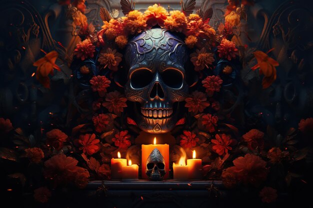 Dia de muertos z kwiatami czaszkami świecami