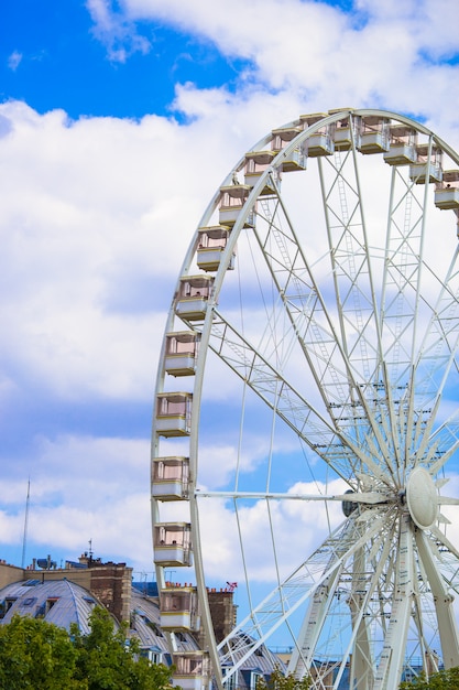 Diabelski młyn Roue de Paris na Place de la Concorde z Ogrodu Tuileries w Paryżu, Francja