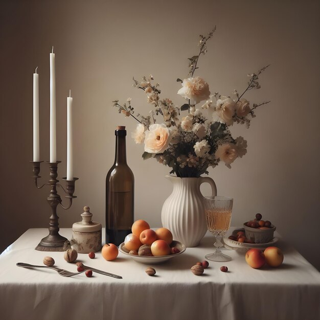 Diadelasvelitas ze świecami, owocami i kwiatami na stole na tle bokeh