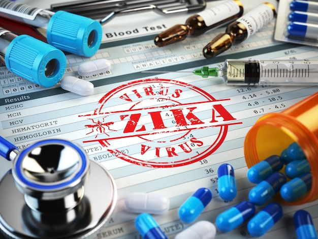 Diagnoza wirusa Zika Pieczęć badanie krwi strzykawki ze stetoskopem i pigułki w schowku z raportem medycznym