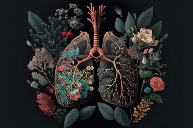 Diagram z ludzkim sercem i płucami z kwiatami na ciemnym tle