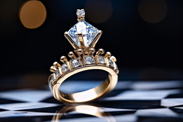 Diamentowy pierścionek oraz szachowy król i królowa na pokładzie