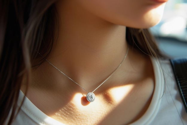 Zdjęcie diamentowy wisiorek delikatny diamentowy wesiorek serca na młodej kobiecie
