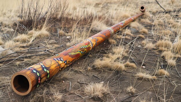 Zdjęcie didgeridoo to instrument dęty, na którym gra się dmuchając powietrzem przez długą, pustą rurkę. często jest ozdobiony dziełami sztuki aborygenów