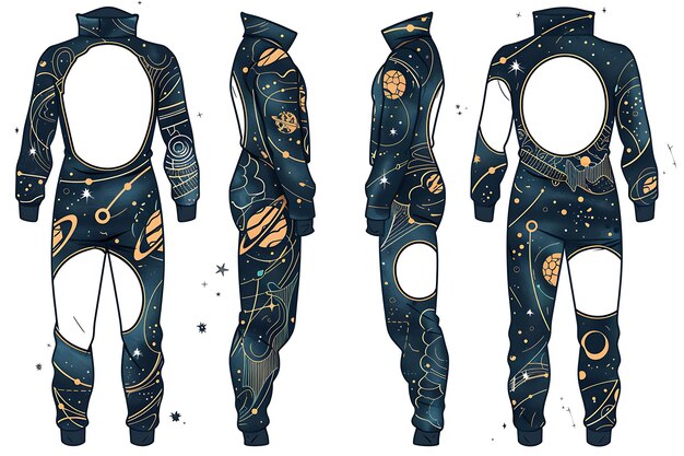 Die Cut Jumpsuit z wzorami planetarnymi owijającymi się wokół ilustracji Flat Clothes Collection