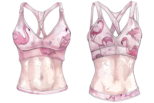 Zdjęcie die cut sports bra z motywami flamingów na paskach z ilustracją p flat clothes collection