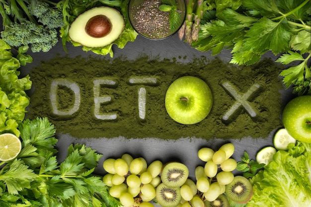 Dieta detoksykująca czyste zdrowe odżywianie Widok z góry świeżych warzyw, owoców i chlorelli z tekstem detox