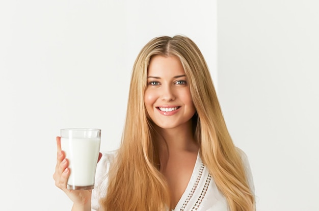 Dieta zdrowie i wellness kobieta trzymająca szklankę mleka lub koktajlu proteinowego