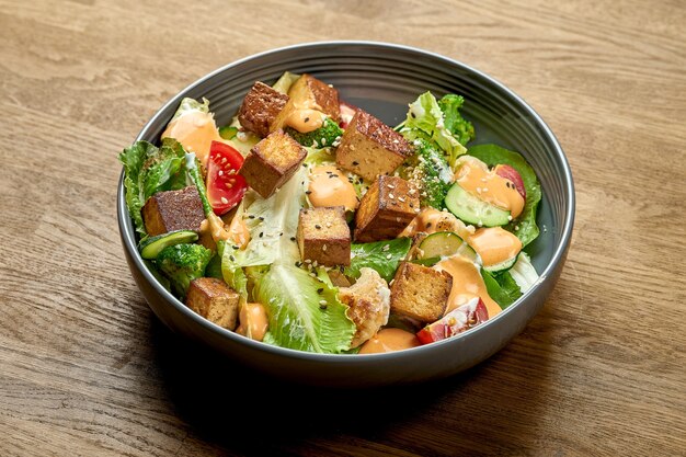 Dietetyczna sałatka ze smażonym tofu, żółtym sosem i warzywami w misce na drewnianym tle