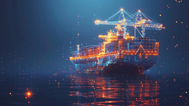 Digital cargo ship container crane and warehouse Container ships transport logistics business worldwide shipping concept (koncepcja żeglugi na całym świecie)