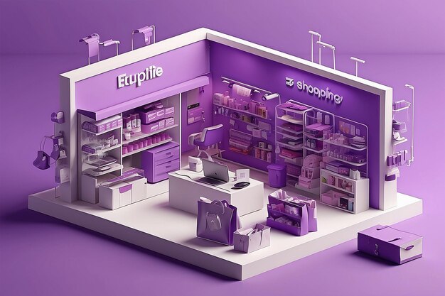 Zdjęcie digital shopping hub 3d konceptualna ilustracja purpurowego sklepu elektronicznego