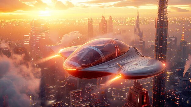 Digitalna sztuka przedstawiająca futurystyczny latający samochód wznoszący się wdzięcznie nad gęsto zaludnionym miejskim krajobrazem o zachodzie słońca łączący zaawansowaną technologię z dynamiczną energią tętniącej życiem metropolii