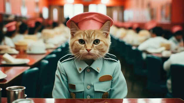 Diktator kot noszący kapelusz szefa kuchni w restauracji ai