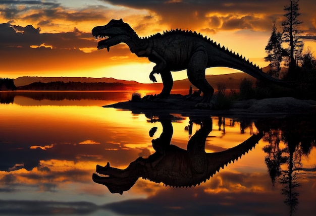 Dinozaur albertozaur na brzegu jeziora o zachodzie słońca