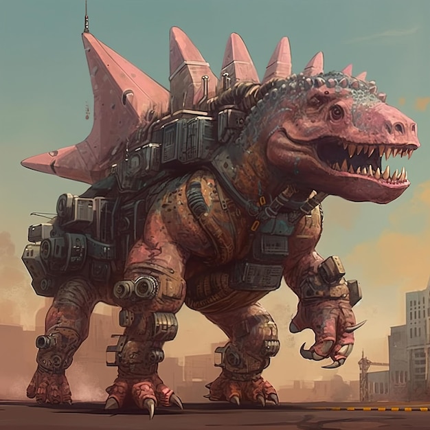 Dinozaur cyborg z różową rączką stoi na ulicy