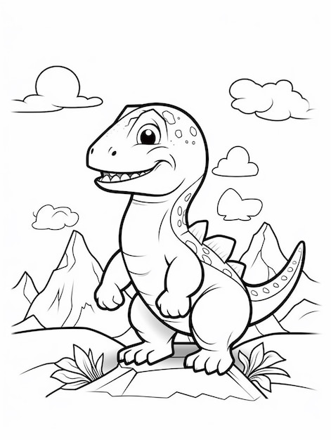 Dinozaur kreskówka stojący na pustyni z górami w tle generatywny ai