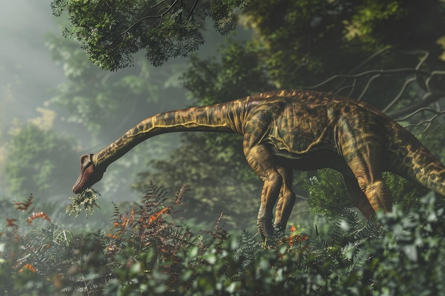 Dinozaur przechodzi przez las, jedząc liście.