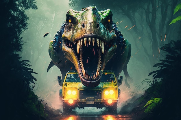 Dinozaur T Rex ściga Jeepa po drodze