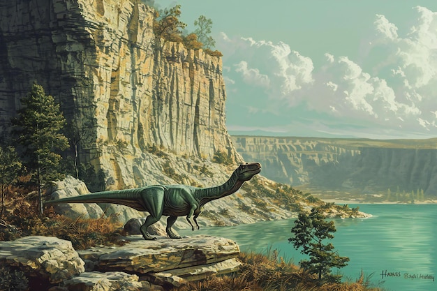 Dinozaur Trex na tle gór i jeziora