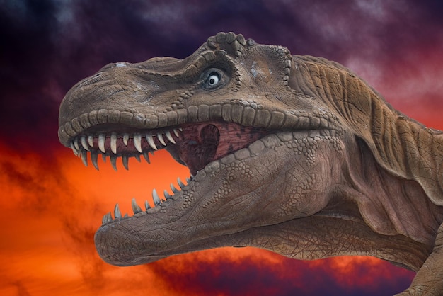 Dinozaur trex z bliska na tle inferno