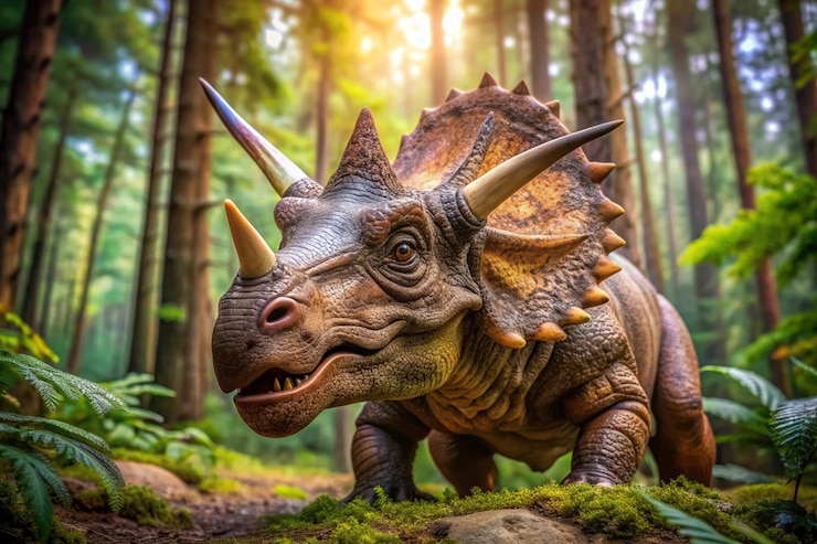 Zdjęcie dinozaur triceratops zbliżenie dinozaura triceratopsa w lesie