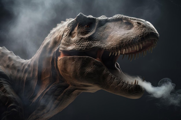 Dinozaur Tyrannosaurus Trex na tle dymu generowany przez sztuczną inteligencję