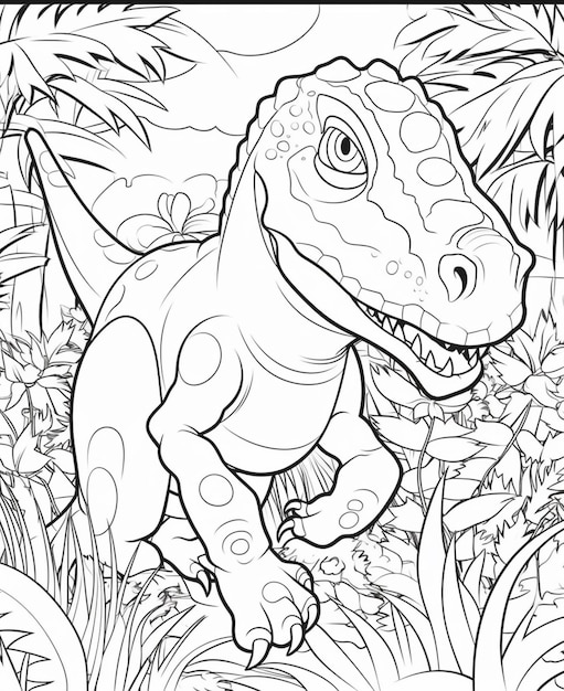 Dinozaur w dżungli z zielonym liściastym tłem.
