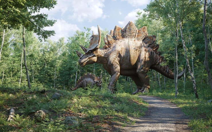 Dinozaur wędrujący przez gęsty, oświetlony słońcem las.