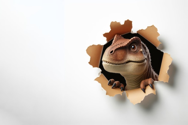 Zdjęcie dinozaur wyglądający z dziury w papierowej ścianie izolowany na białym tle