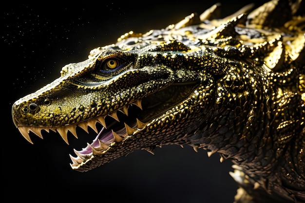 Dinozaur z czarnym tłem i złotym wężem z ostrymi zębami.
