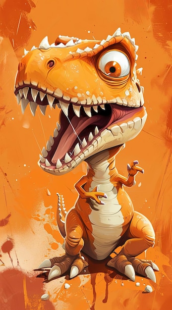dinozaur z czerwoną głową i pomarańczowymi oczami stoi na schodach człowieka